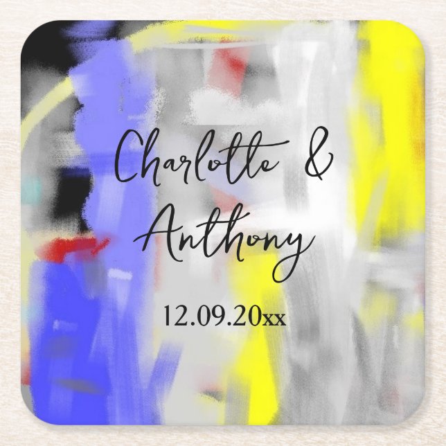 Wedding Creative Abstract Art Blue Yellow White Square Paper Coaster (Front)