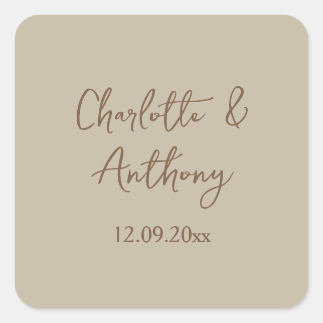 Wedding Creative Calligraphy Names Date Square Sticker (Front)