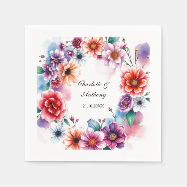 Wedding Creative Floral Names of Couple & Date Napkin (Front)