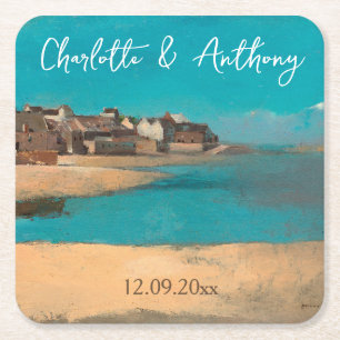 Wedding Creative Village Sea Sky Impressionist Square Paper Coaster