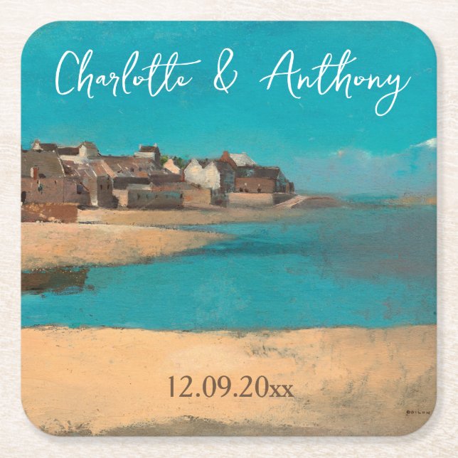 Wedding Creative Village Sea Sky Impressionist Square Paper Coaster (Front)
