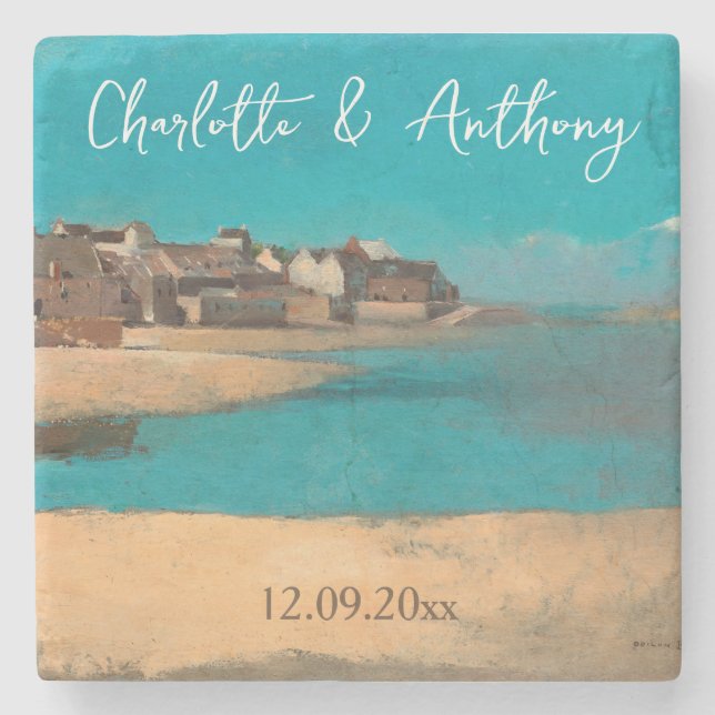 Wedding Creative Village Sea Sky Impressionist Stone Coaster (Front)
