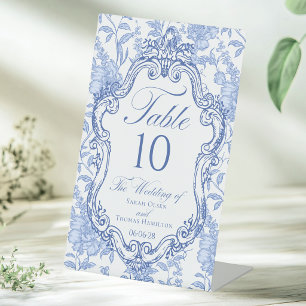 Wedding Crest Blue Floral Elegant Table Number Pedestal Sign
