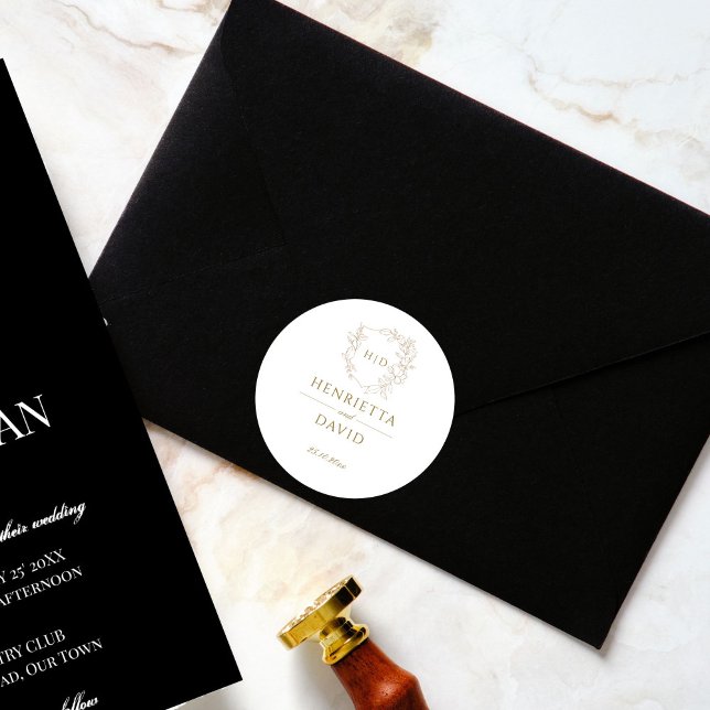 Wedding crest botanical gold simple elegant classic round sticker (Wedding crest monogram botanical gold simple elegant wedding sticker bride and groom names)