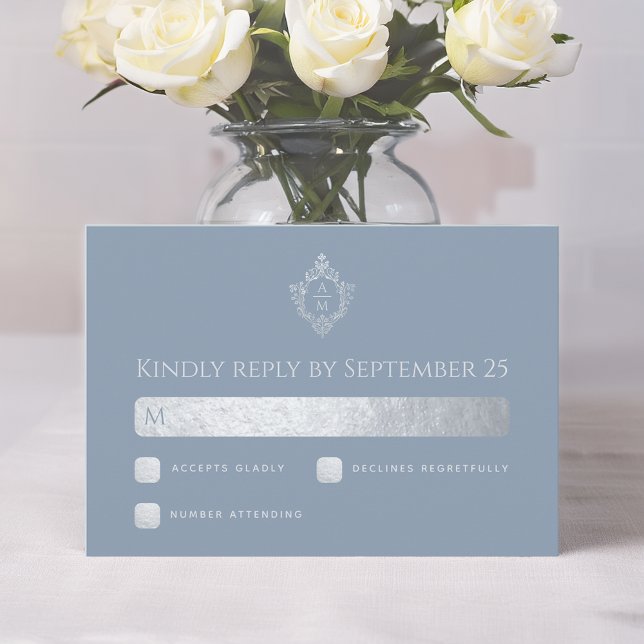 Wedding Crest Dusty Blue Monogram Faux Silver Foil RSVP Card (Creator Uploaded)