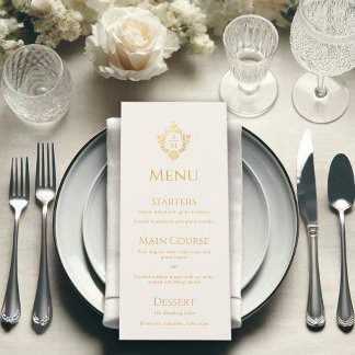 Wedding Crest Gold Elegant Vintage Monogram Ivory Menu