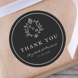 Wedding Crest Monogram Black Thank You Classic Round Sticker
