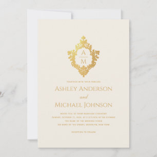 Wedding Crest Monogram Ivory Gold Elegant Vintage Invitation