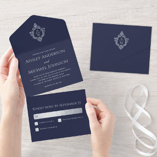 Wedding Crest Navy Blue Faux Silver Foil Vintage  All In One Invitation
