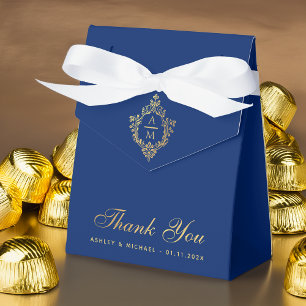 Wedding Crest Royal Blue Faux Gold Thank You  Favour Box