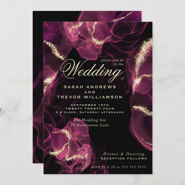 Wedding | Crimson Berry Alcohol Ink  Invitation (Front/Back)