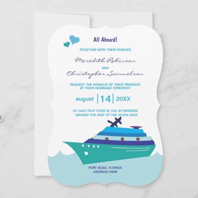 Wedding Cruise Ship All Aboard Blue Ship Hearts Invitation (Front)