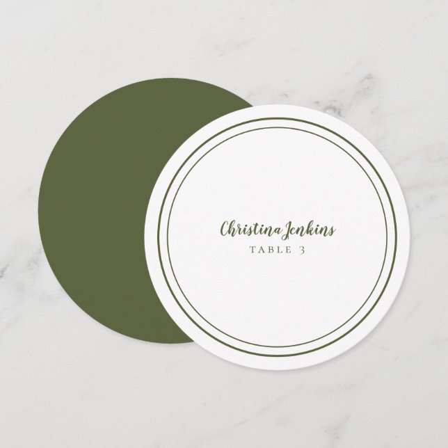 Wedding Custom Guest Olive Green Round Place Card (Front/Back)