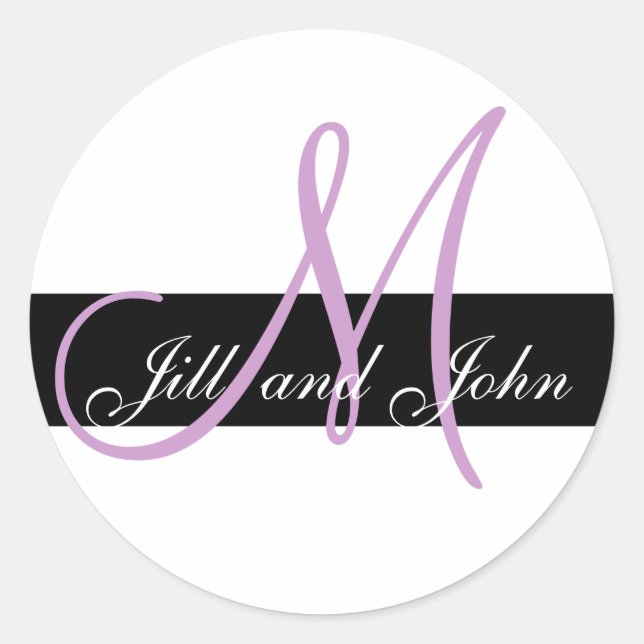 Wedding Custom Monogram Initial Names Lilac Purple Classic Round Sticker (Front)