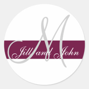 Wedding Custom Monogram Initial & Names Wine Grey Classic Round Sticker