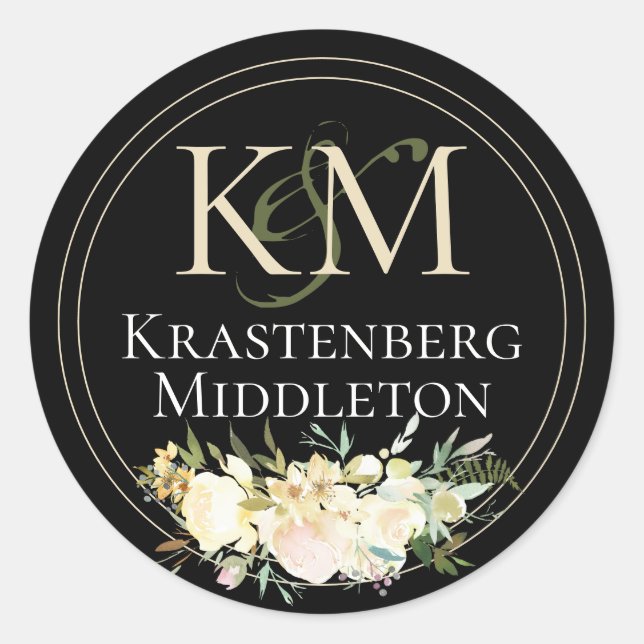 Wedding Custom Monogram Name Cream Black Classic Round Sticker (Front)