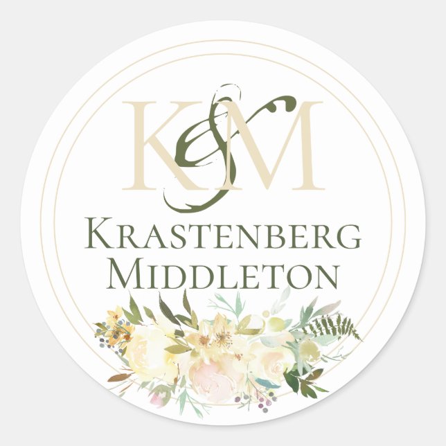 Wedding Custom Monogram Name White Cream Classic Round Sticker (Front)