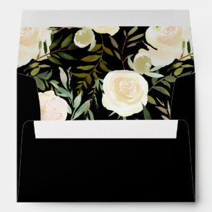 Wedding Custom Name Dark Moody Ivory Rose Black Envelope