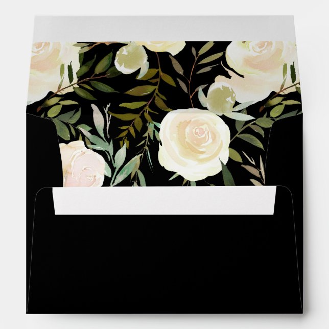Wedding Custom Name Dark Moody Ivory Rose Black Envelope (Back (Bottom))