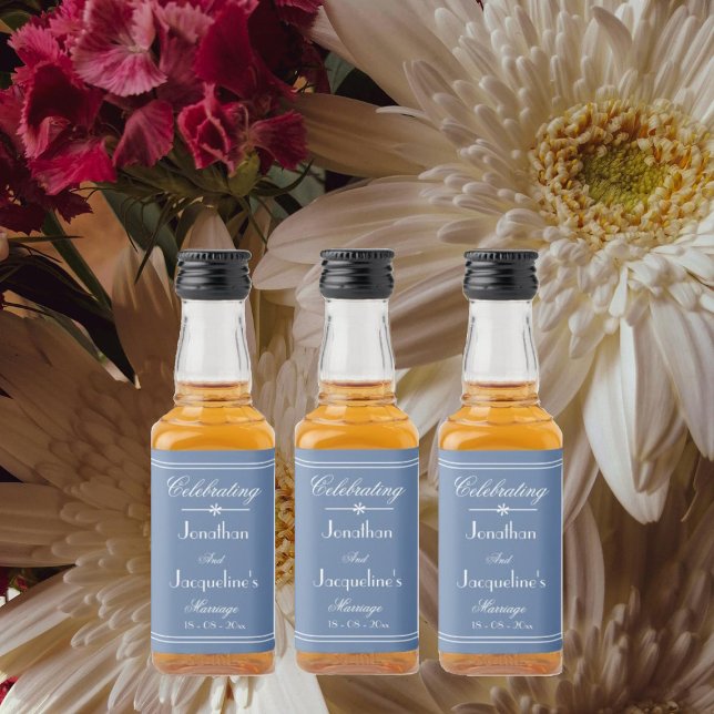 Wedding Custom Names Dusty Blue Mini Liquor Bottle Label (Wedding favors for the perfect celebration. Custom names, dusty blue mini liquor bottle labels.)