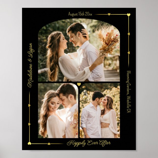 Wedding Custom Photo Collage Modern Gold Hearts Poster (Front)