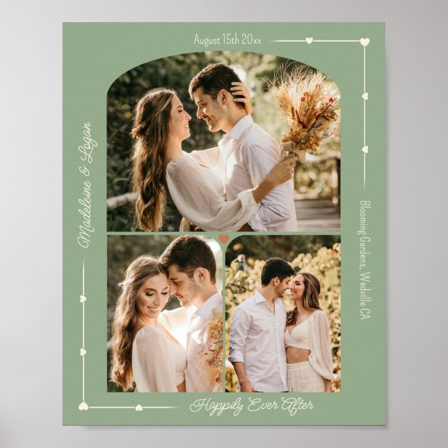 Wedding Custom Photo Collage Modern Sage Hearts Poster (Front)