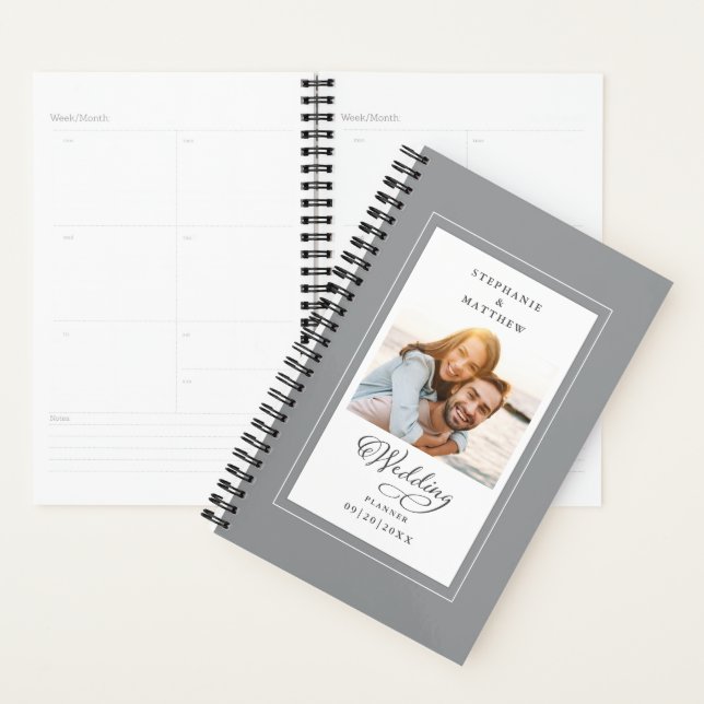 Wedding Custom Photo Grey White Elegant Script Planner (Display)
