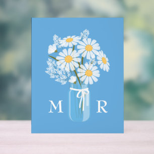 Wedding Daisies Mason Jar Monogram Initial Blue Acrylic Sign