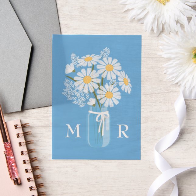Wedding Daisies Mason Jar Monogram Initials Blue Vellum Invitations (Wedding)