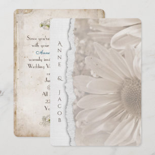 wedding daisy in sepia with torn paper edge invitation
