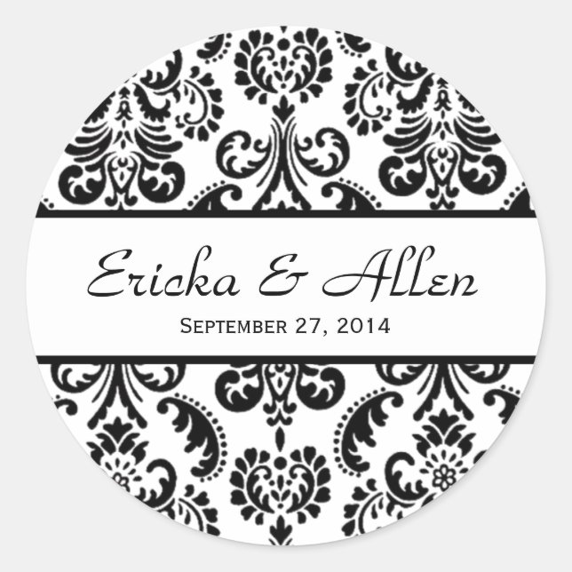Wedding Damask Black and White V01 Classic Round Sticker (Front)