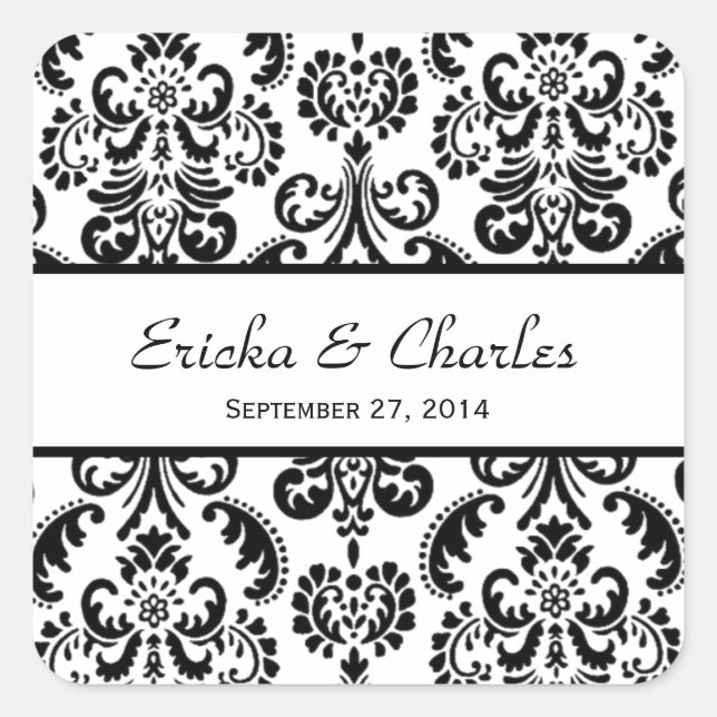 Wedding Damask Black and White V04 Square Sticker (Front)