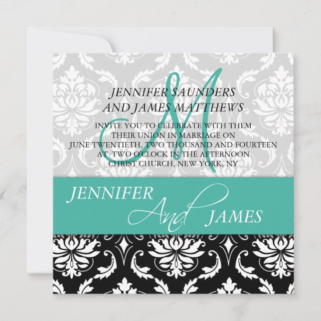Wedding Damask Monogram Name Turquoise Invitations (Front)