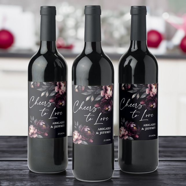 Wedding dark moody peonies personalised wine label (Cheers to love Wedding favors  personalized wine label dark moody peonies  wine labels)