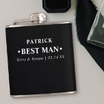 Wedding Date and Names Black Personalised Best Man Hip Flask<br><div class="desc">Personalised Hip Flasks are great wedding keepsake gifts for the best man and groomsmen. This minimalist typography design is lettered in modern, bold typography and can be customised for each of the grooms party. The name template is set up ready for you to add the best man's name, the bride...</div>