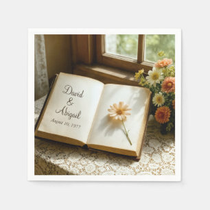 Wedding Date and Names in an Open Book Napkin