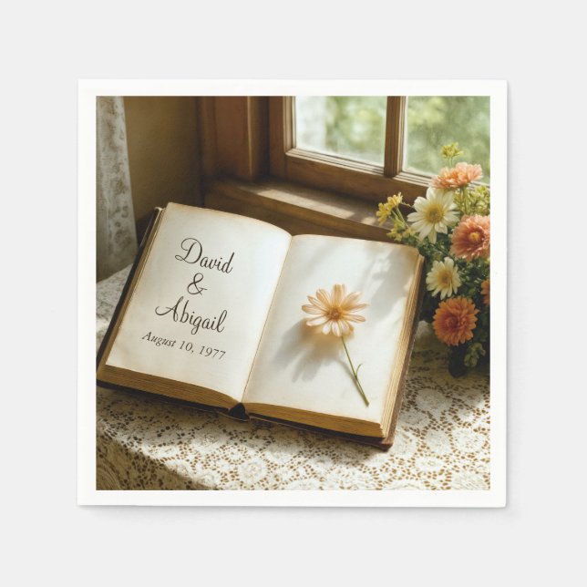 Wedding Date and Names in an Open Book Napkin (Front)