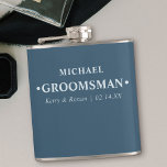 Wedding Date and Names Personalised Groomsman Blue Hip Flask<br><div class="desc">Personalised Hip Flasks are great wedding keepsake gifts for the groom's party. This minimalist typography design is lettered in modern, bold typography and can be customised for each of the groomsmen. The name template is set up ready for you to add the groomsman's name, the bride and groom's names and...</div>