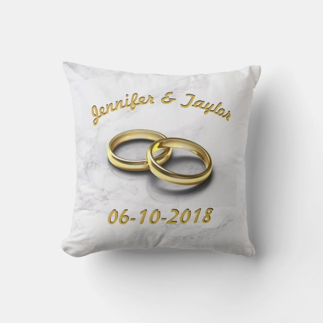 Wedding Date Bride & Groom Customisable Gold Rings Cushion (Front)
