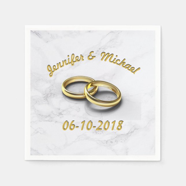 Wedding Date Bride & Groom Customisable Gold Rings Napkin (Front)