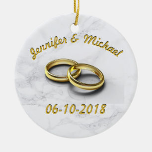 Wedding Date Bride & Groom Personalise Gold Rings Ceramic Tree Decoration