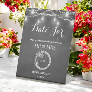 Wedding Date Jar Black String Lights  Pedestal Sign
