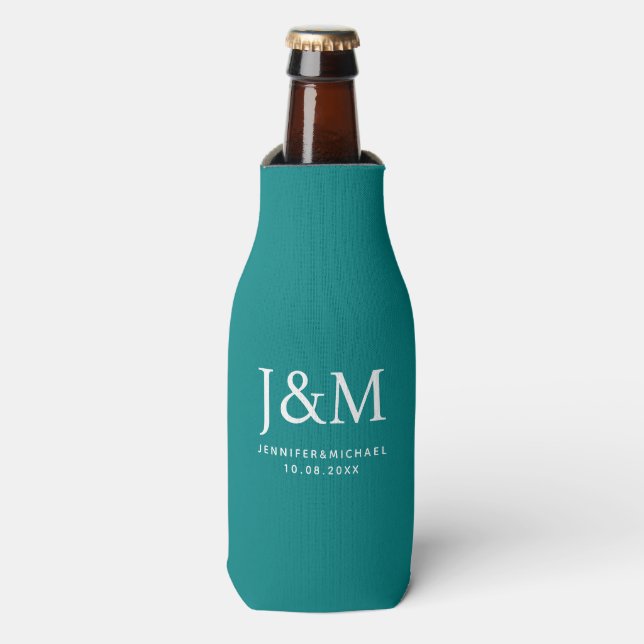 Wedding Date Names Monogram Dark Teal Template Bottle Cooler (Bottle Front)