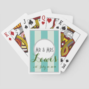 WEDDING & Date on TEAL & MINT stripe, white border Playing Cards