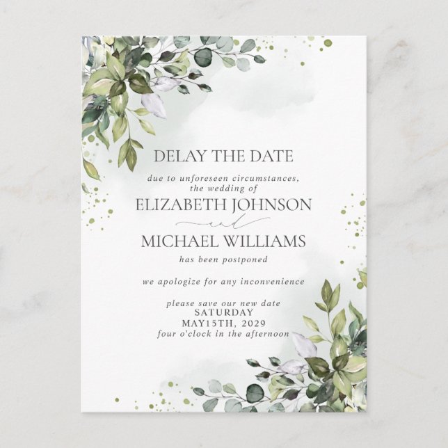 Wedding Date Postponement Eucalyptus Watercolor Announcement Postcard (Front)