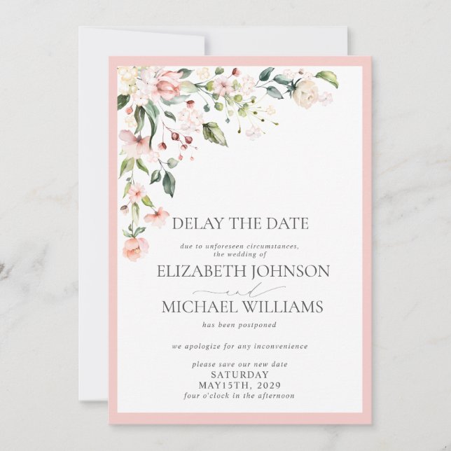 Wedding Date Postponement Pink Floral Watercolor Announcement (Front)
