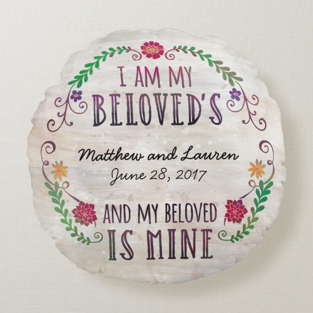 Wedding Date Watercolor, I Am My Beloved's Round Cushion (Front)