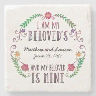 Wedding Date Watercolor, I Am My Beloved's Stone Coaster