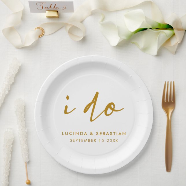 Wedding Day Elegant Minimal Simple Gold and White Paper Plate (Wedding)