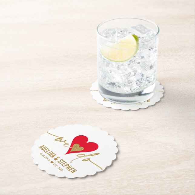 Wedding Day Elegant Simple Heart We Do Gold Script Paper Coaster (Insitu)
